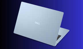 Rear view of a pale ice-blue Dell laptop lid open Dell logo centred on the cover