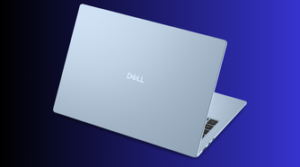 Rear view of a pale ice-blue Dell laptop lid open Dell logo centred on the cover