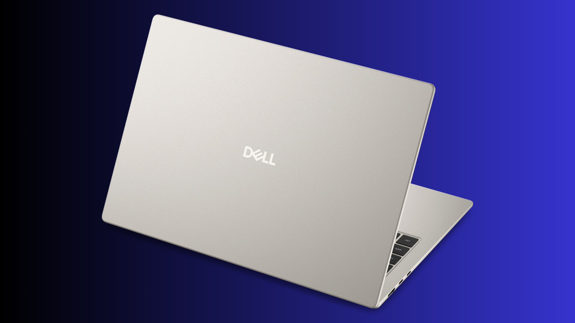 Rear view of a silver Dell laptop lid open Dell logo centred on the cover