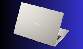 Rear view of a silver Dell laptop lid open Dell logo centred on the cover