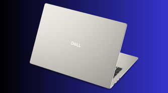 Rear view of a silver Dell laptop lid open Dell logo centred on the cover