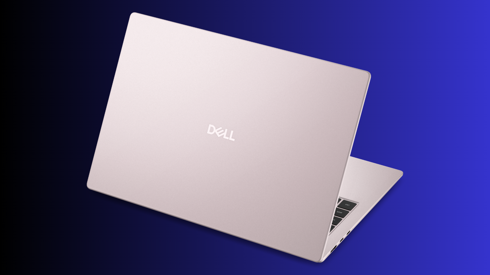 Rear view of a soft pink Dell laptop lid open Dell logo centred on the cover