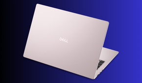 Rear view of a soft pink Dell laptop lid open Dell logo centred on the cover