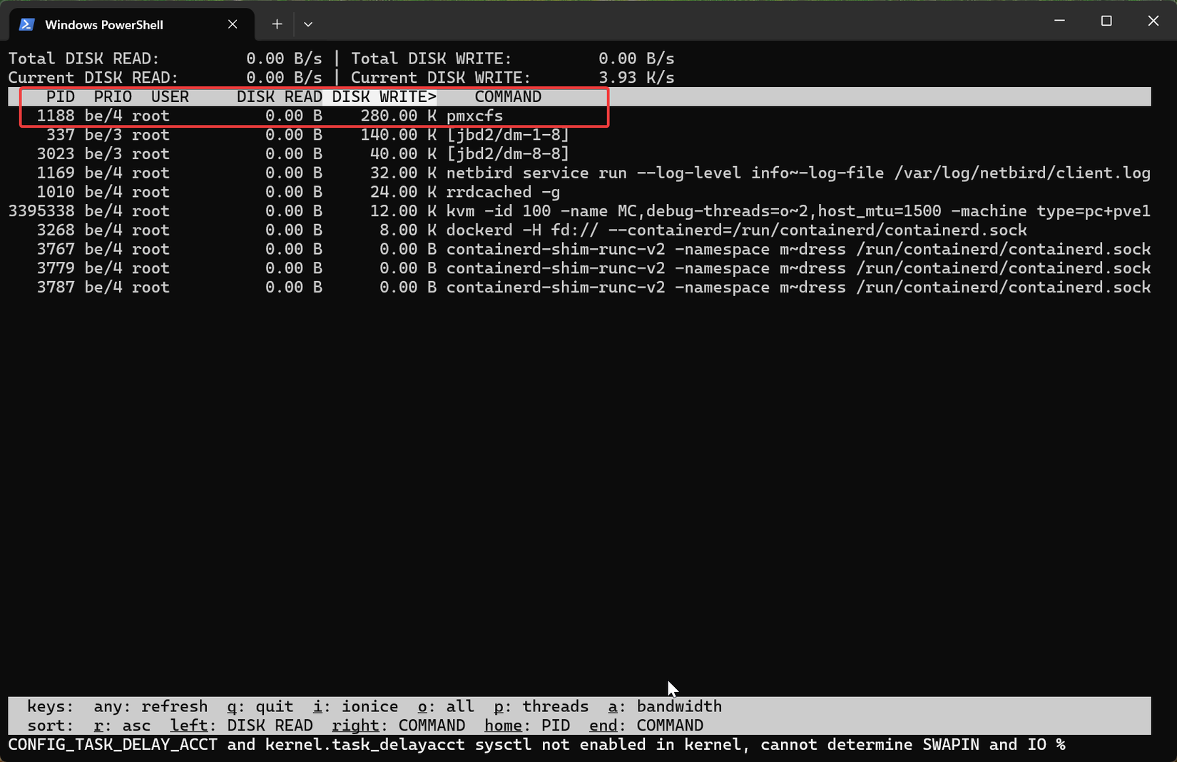 Как фоновые процессы Proxmox сокращают ресурс SSD интерфейс командной строки iotop с отображением активности диска на узле Proxmox