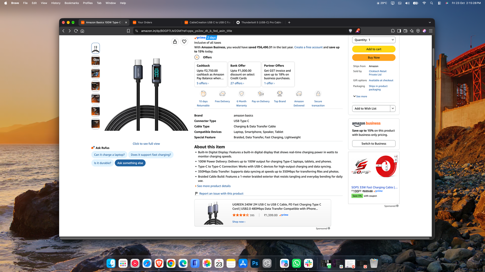 Amazon Basics 100W USB-C cable listing with a built-in power display