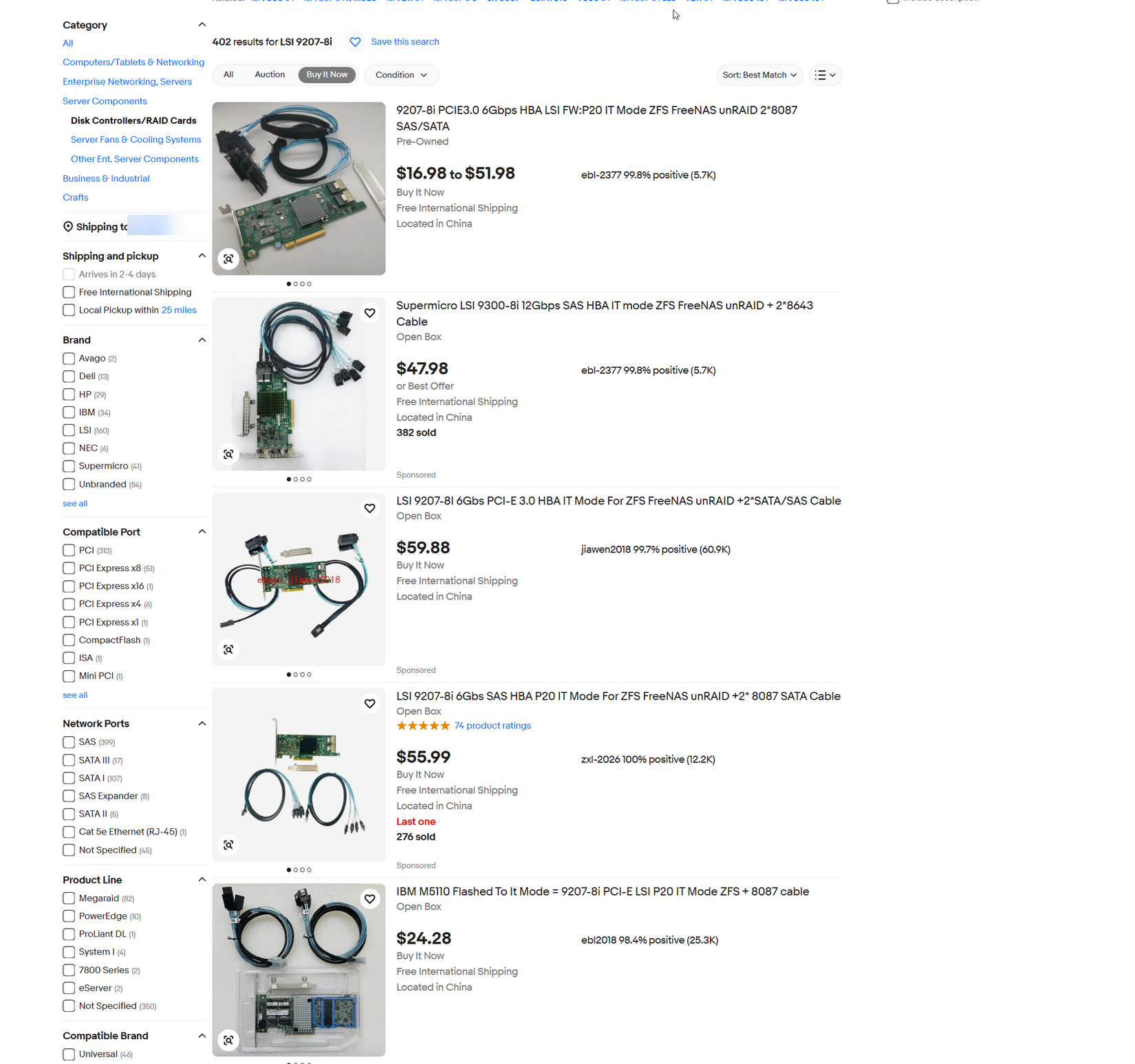 eBay listings for HBA cards