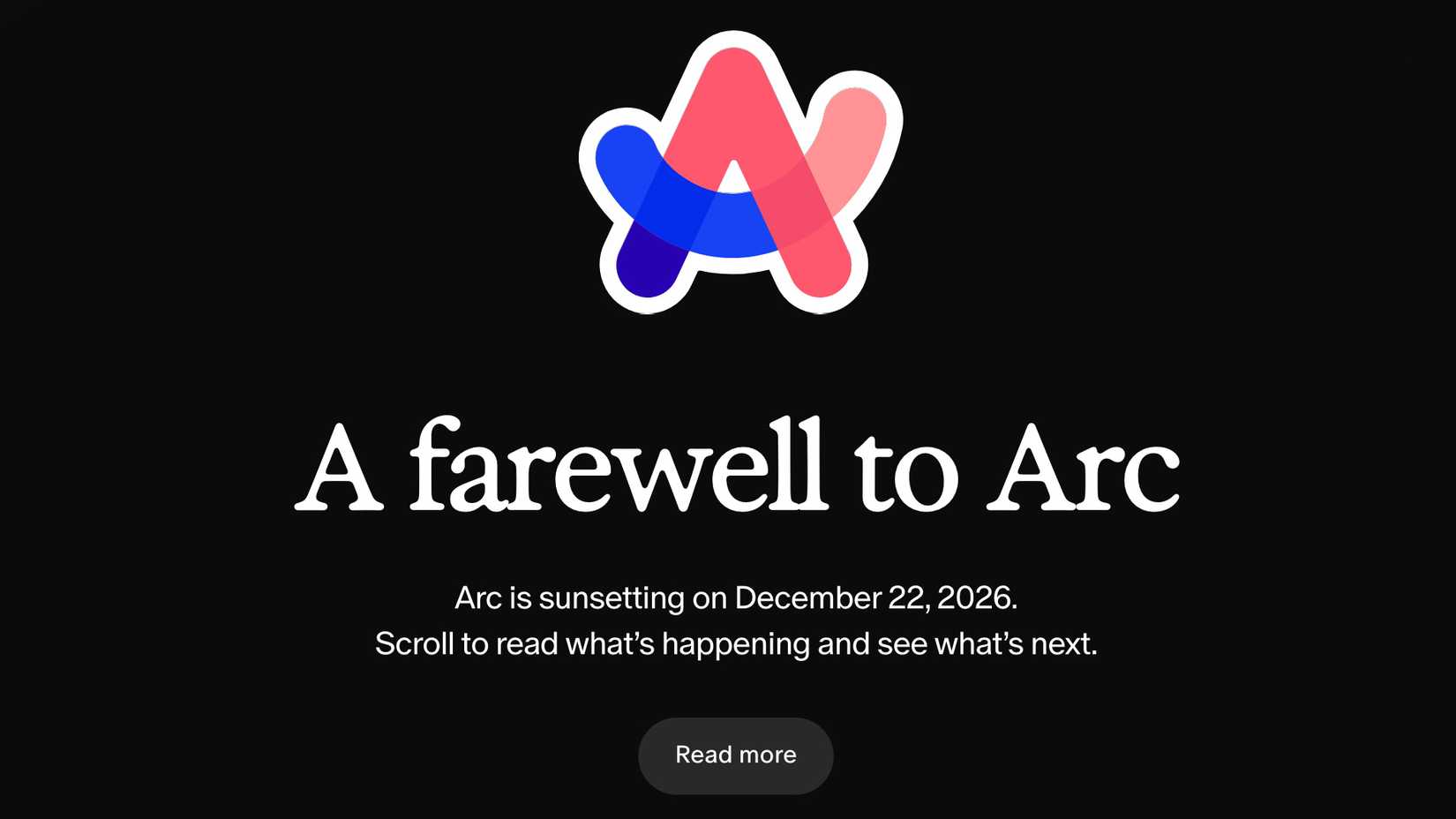 A screenshot of Arc's farewell announcement