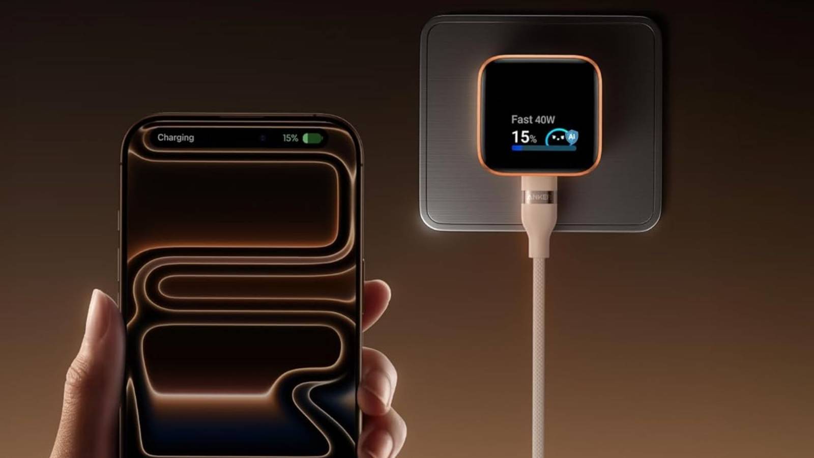 iPhone plugged into Anker Nano Smart Display Charger