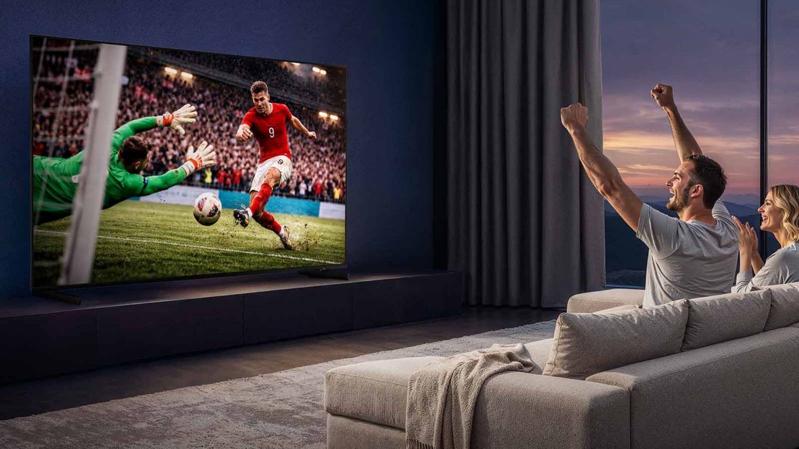 Person watching 85 Inch Class Micro RGB R85H TV in living room 