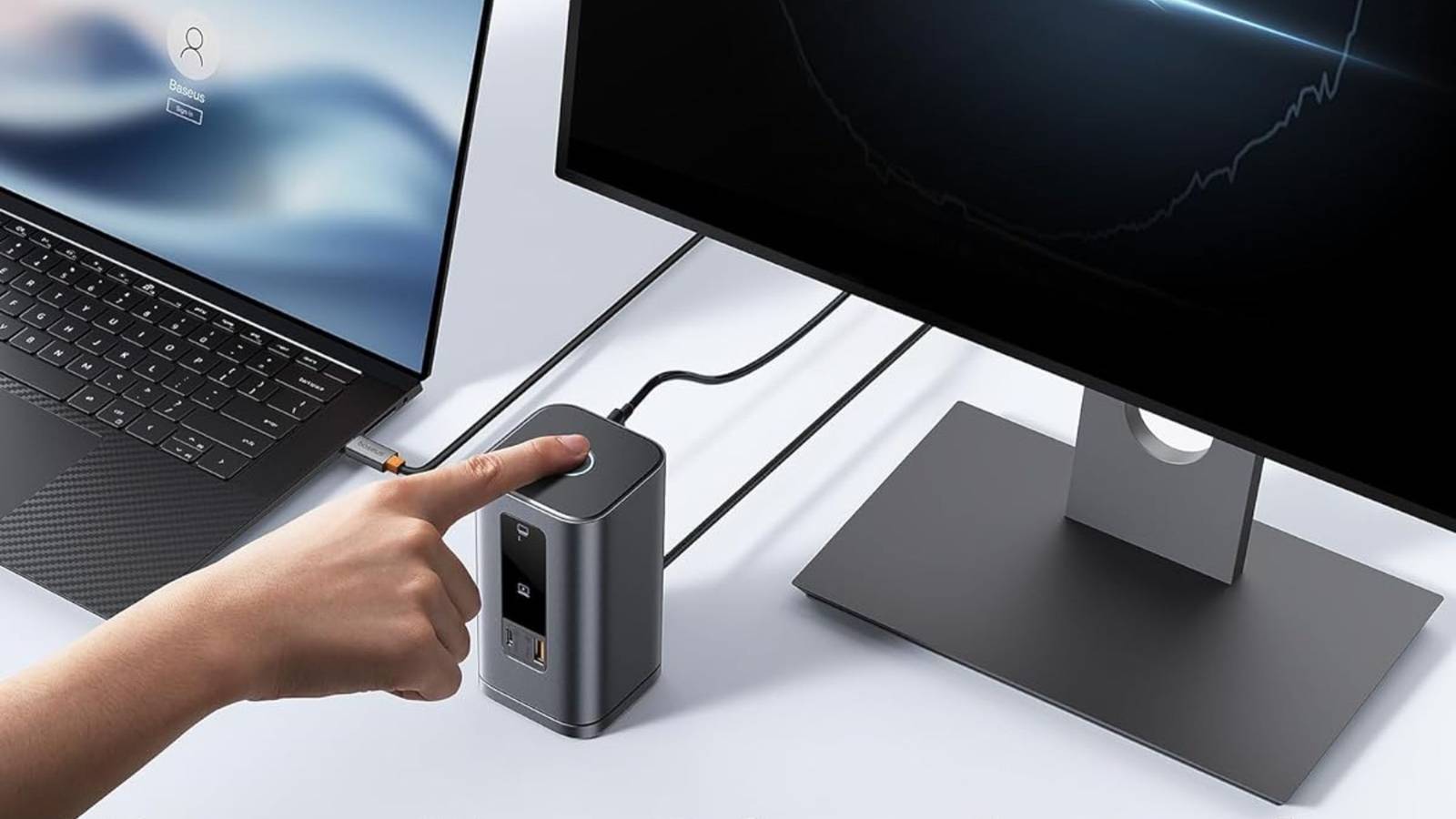Person touching Baseus Spacemate Docking Station 11-in-1