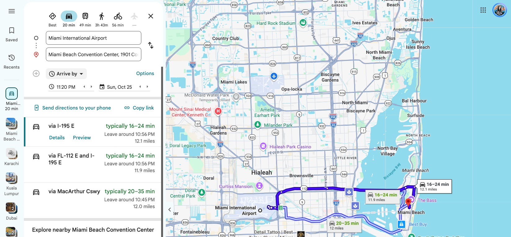 Google Maps desktop showing three driving routes from Miami airport to Miami Beach
