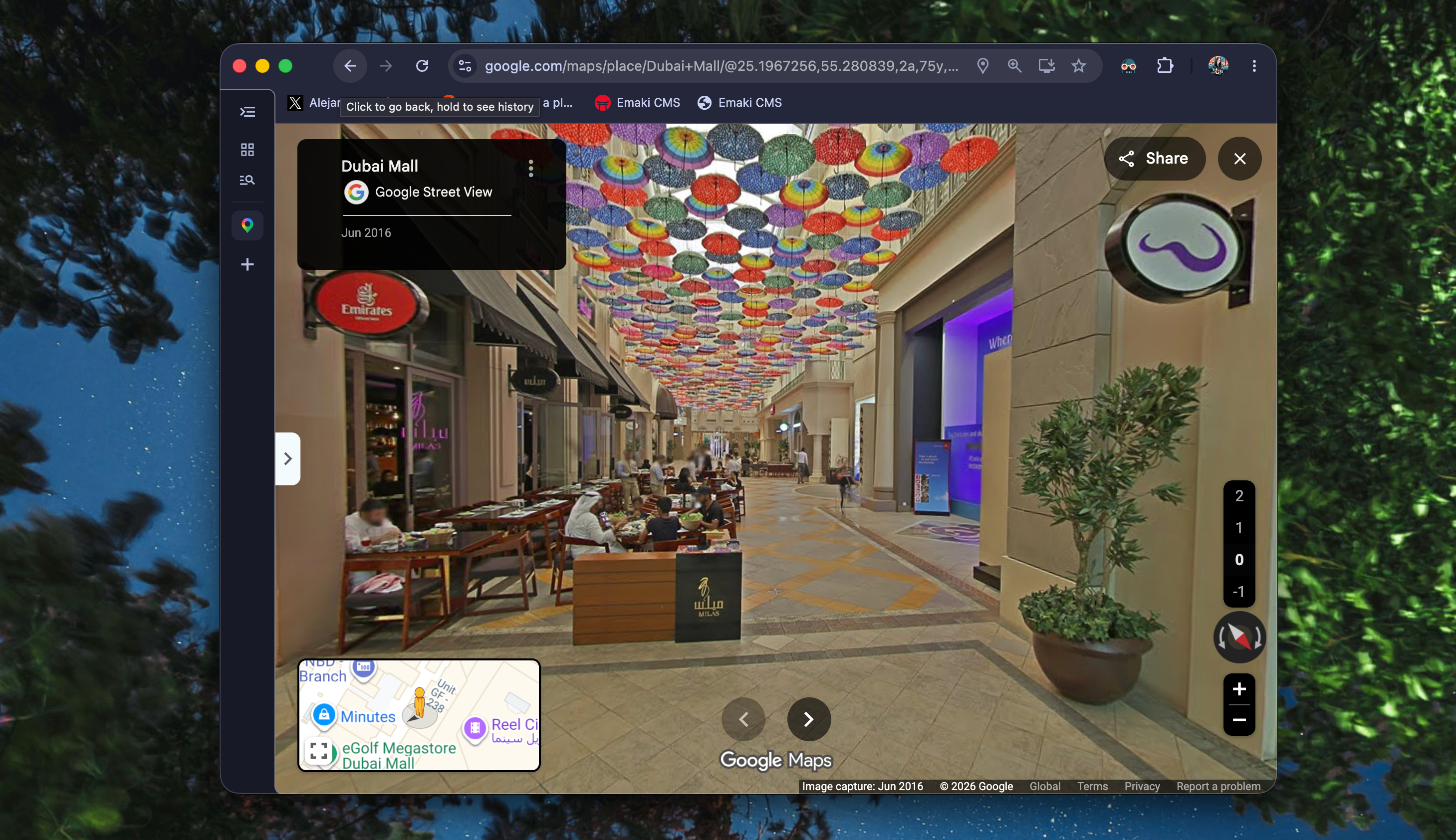 Google Maps Street View inside Dubai Mall under a canopy of colourful umbrellas
