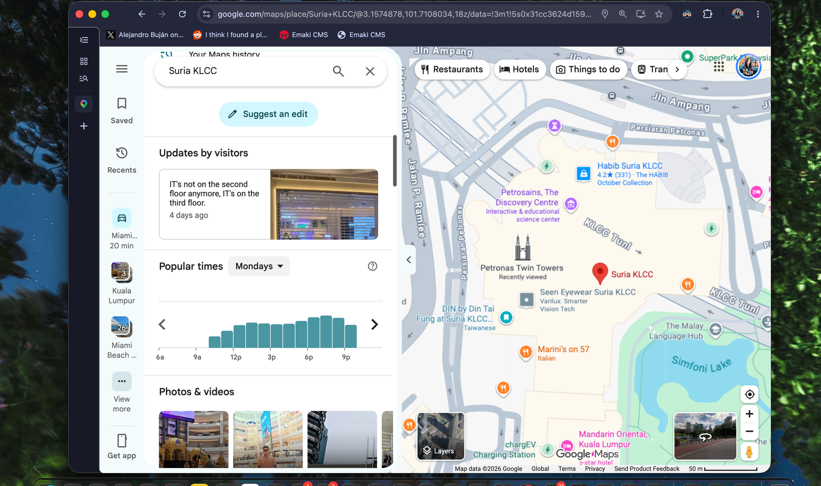 Google Maps Suria KLCC place page with visitor update and popular times chart