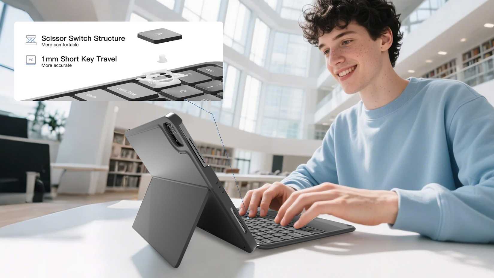 A young man typing on the inateck AceTouch-KB04122 case's keyboard.