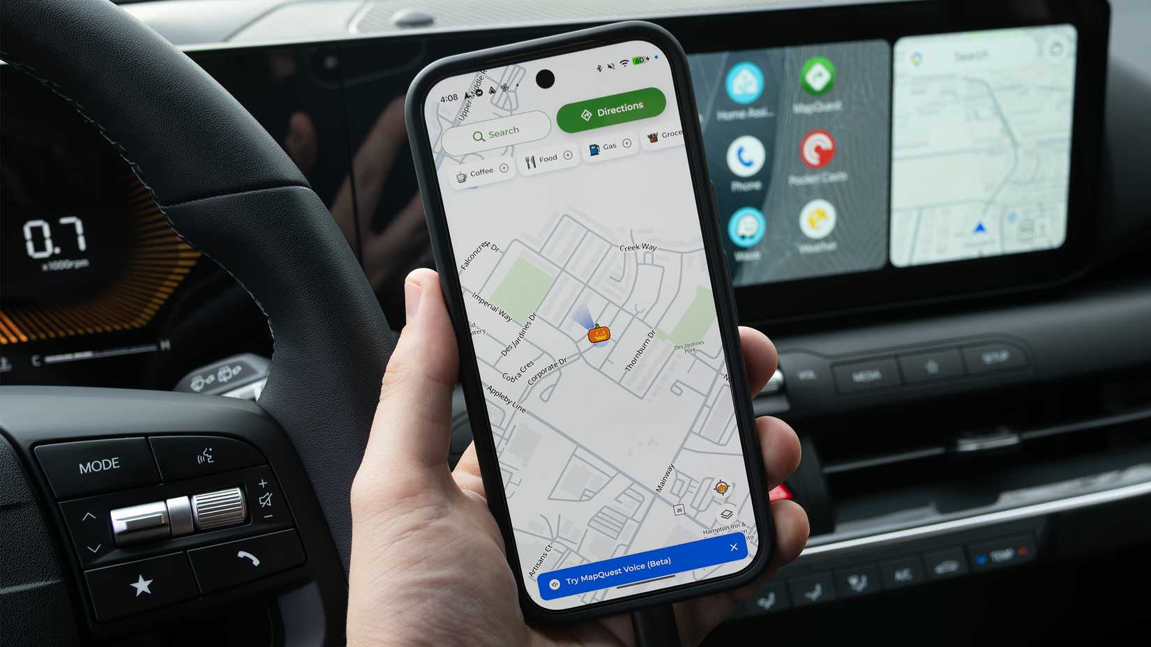 MapQuest running on the Pixel 11 Pro in a car