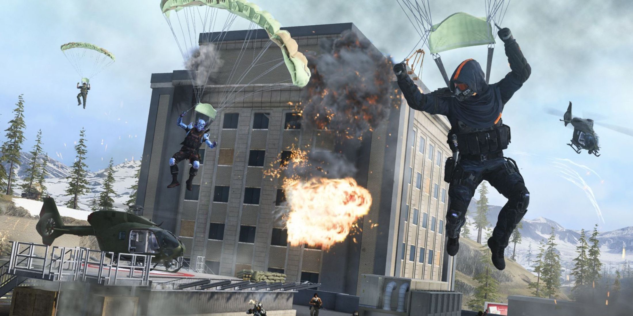 A screenshot of soldiers parachuting down in Call of Duty Warzone