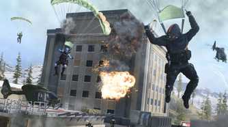 A screenshot of soldiers parachuting down in Call of Duty Warzone