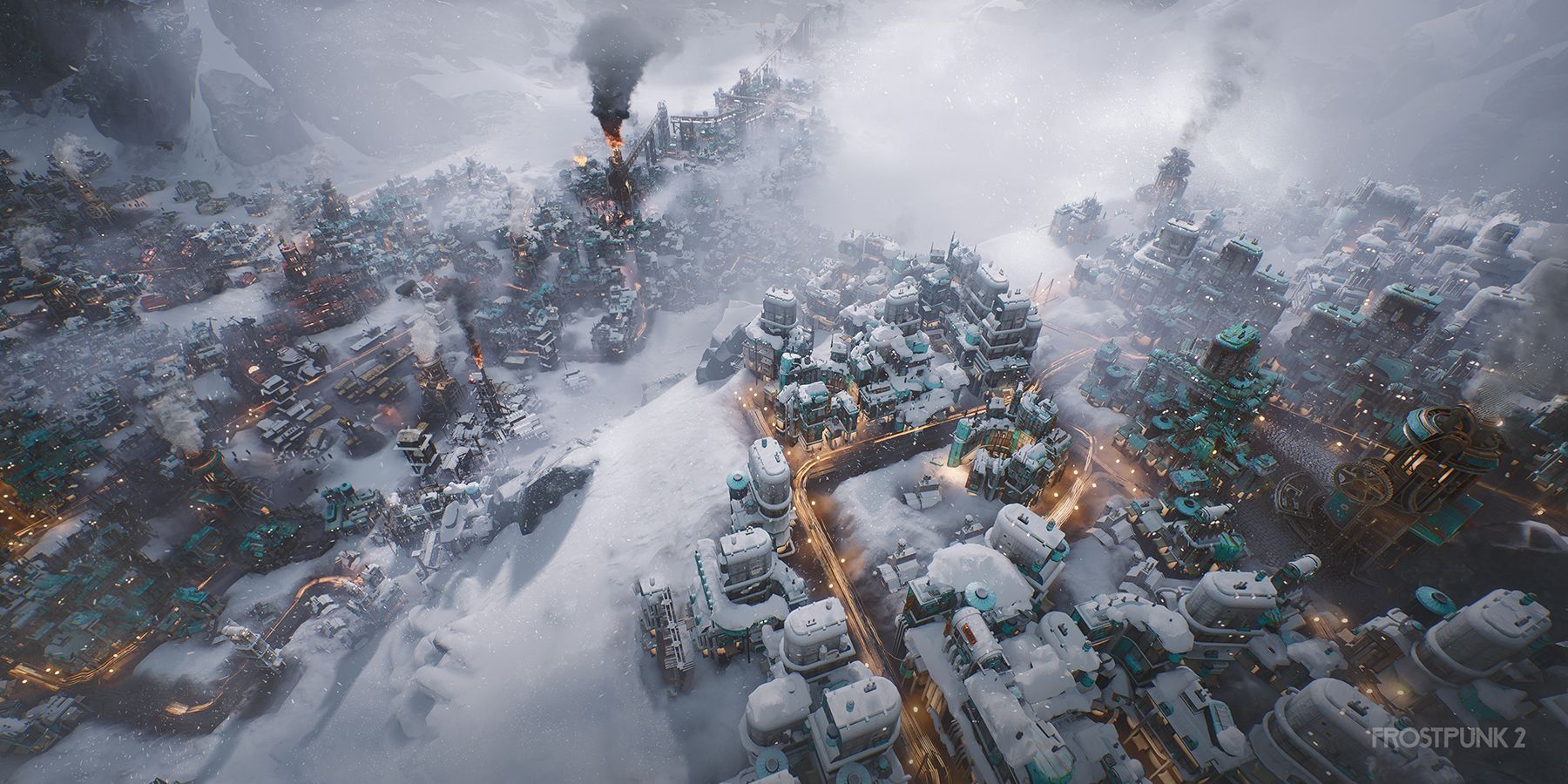 A city covered in snow and surrounded by fog
