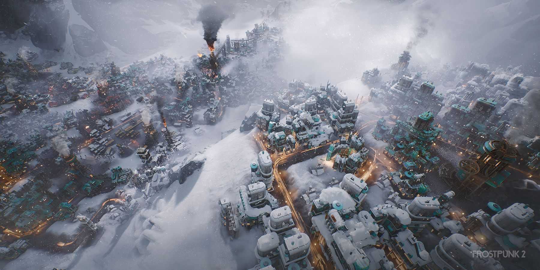 A city covered in snow and surrounded by fog