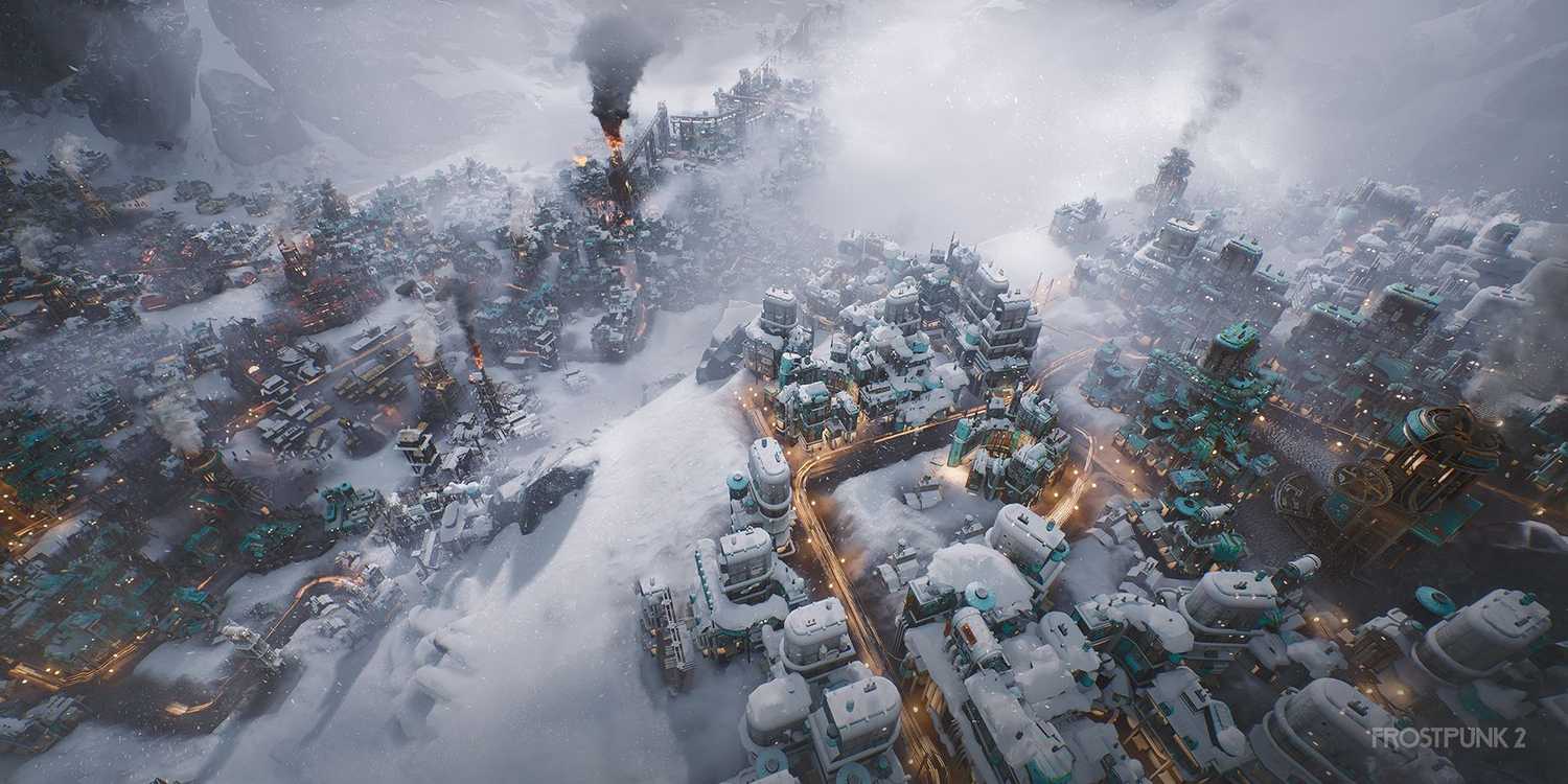 A city covered in snow and surrounded by fog