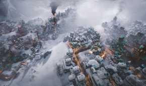 A city covered in snow and surrounded by fog