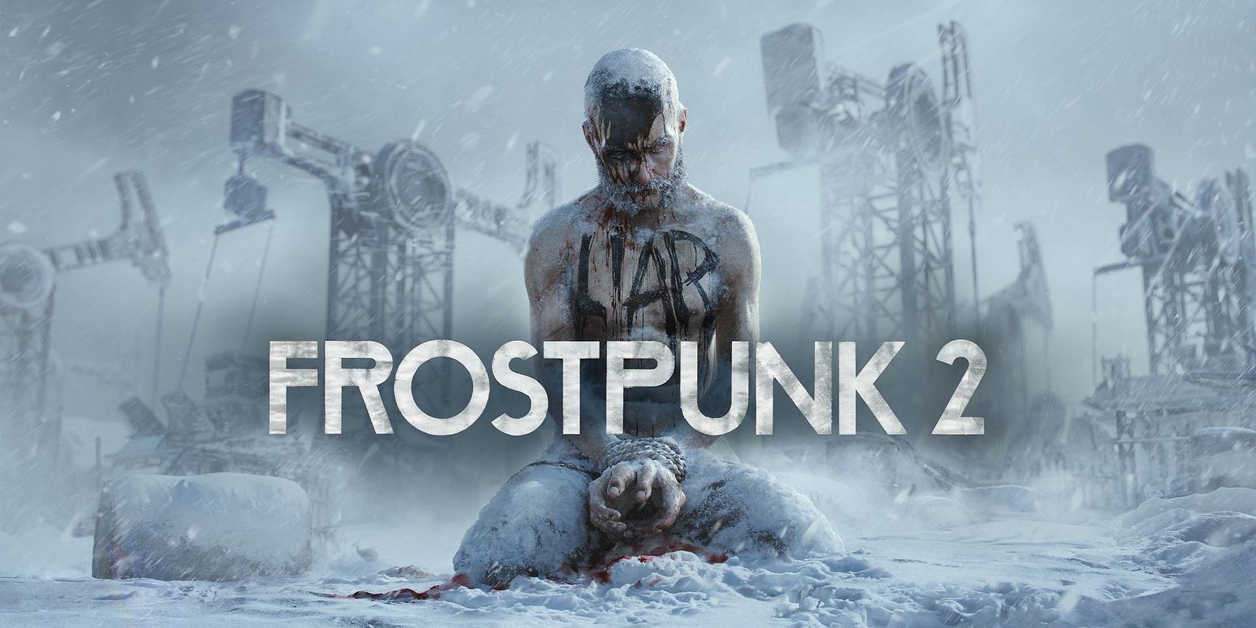 A man with the word liar on chest and the Frostpunk 2 logo