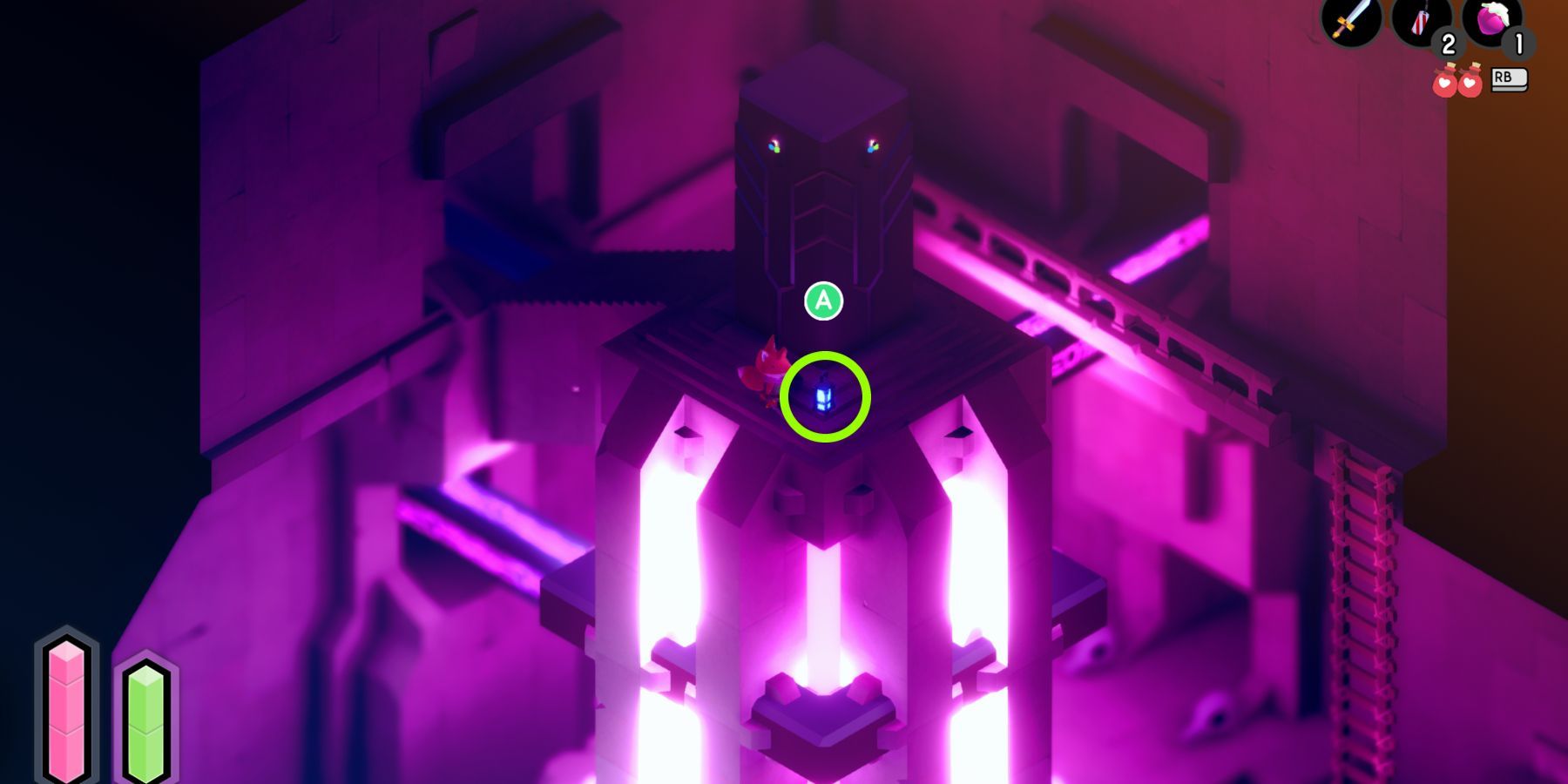 Screenshot from Tunic video game of fox character being told to press a button in a bright, underground area flooded with purple light