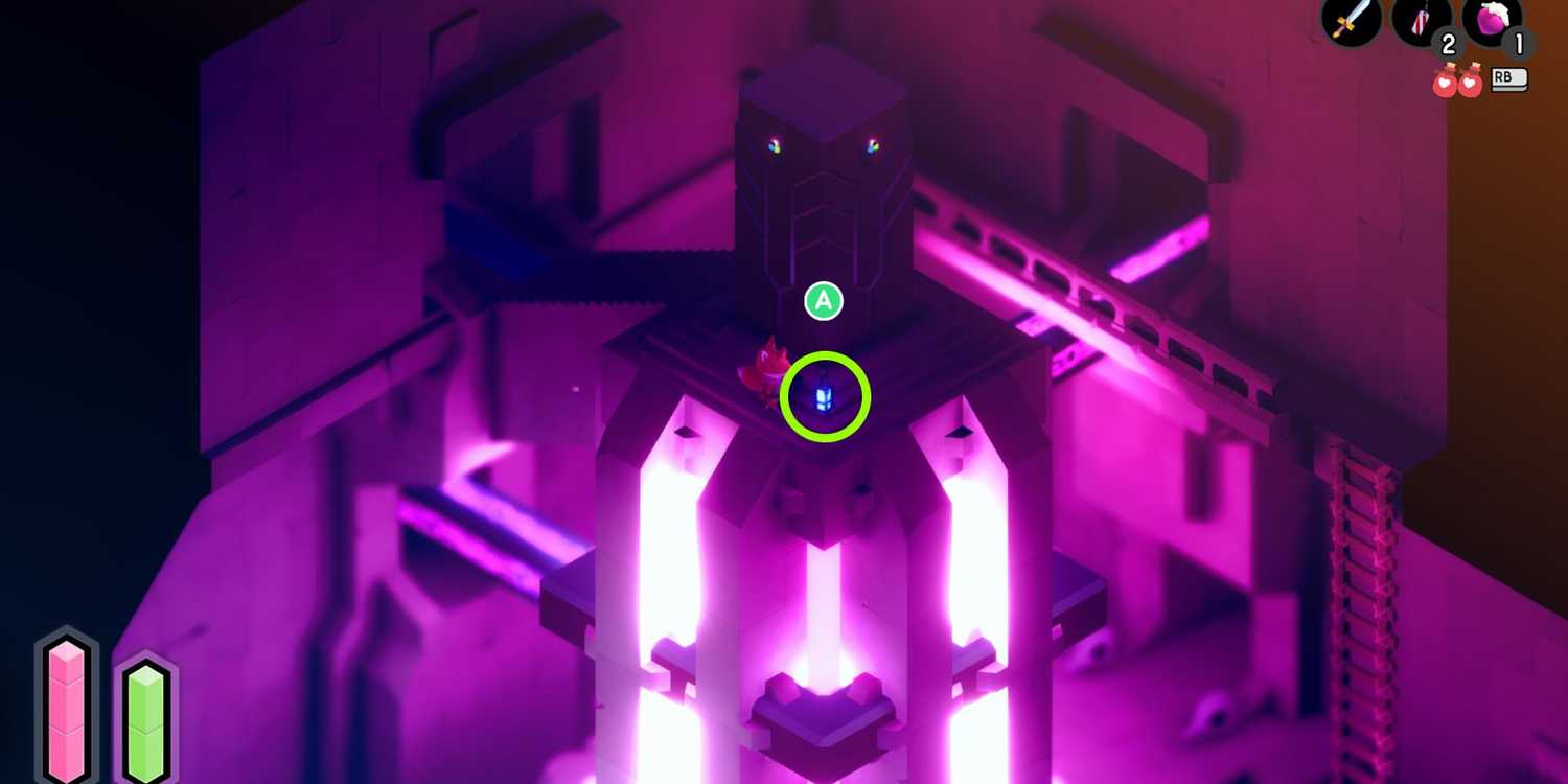 Screenshot from Tunic video game of fox character being told to press a button in a bright, underground area flooded with purple light