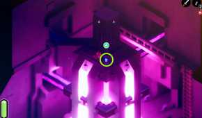 Screenshot from Tunic video game of fox character being told to press a button in a bright, underground area flooded with purple light
