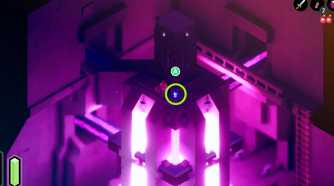 Screenshot from Tunic video game of fox character being told to press a button in a bright, underground area flooded with purple light