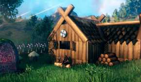 A wooden cabin in a field