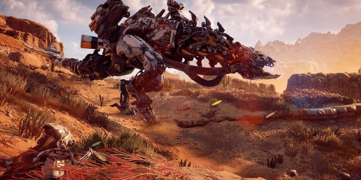 A screenshot of the thunderjaw in Horizon Zero Dawn