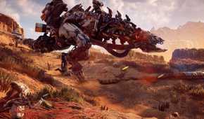 A screenshot of the thunderjaw in Horizon Zero Dawn