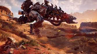A screenshot of the thunderjaw in Horizon Zero Dawn