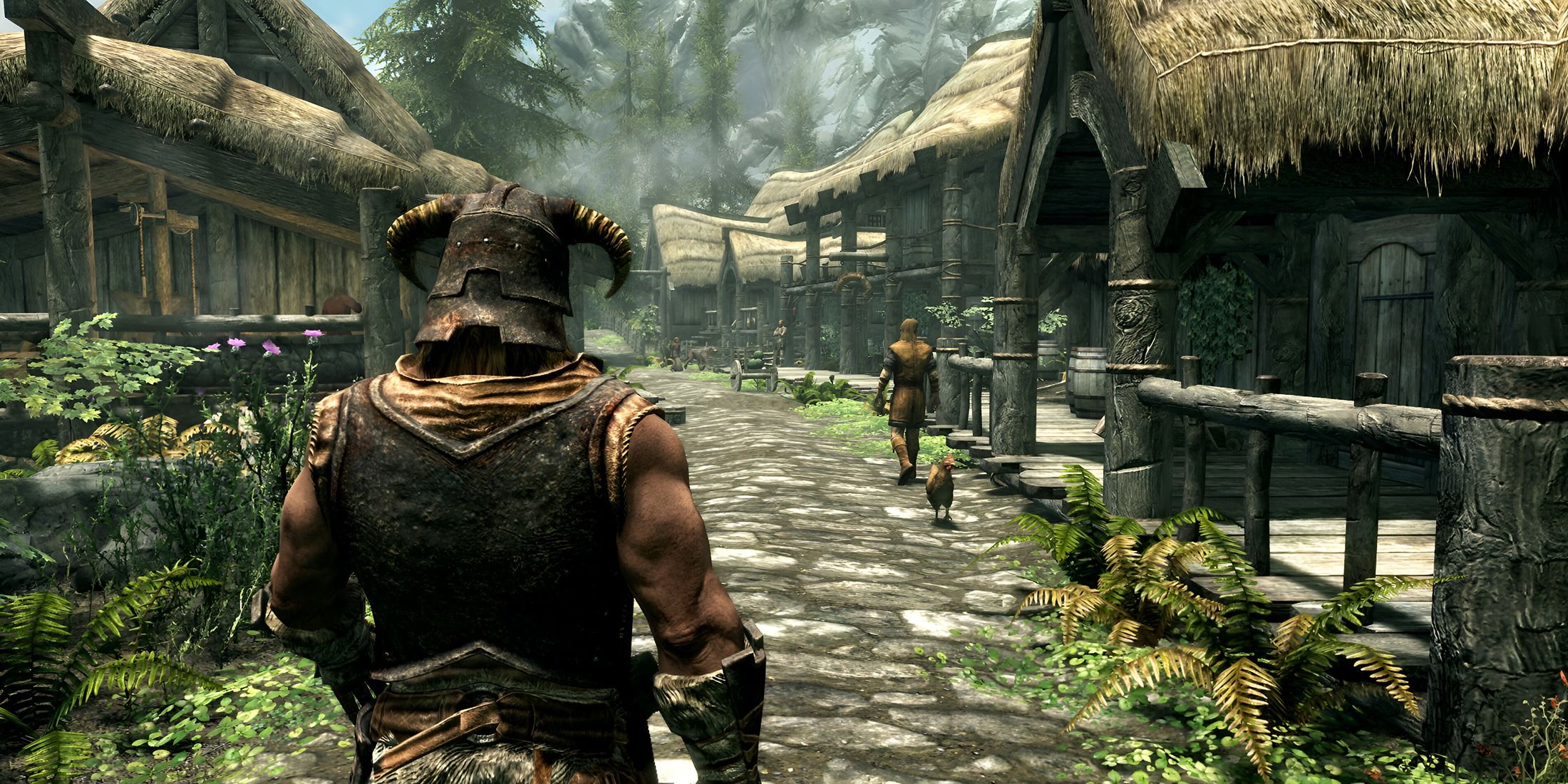 The Dragonborn walking through a village