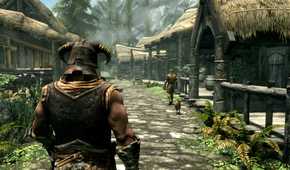 The Dragonborn walking through a village