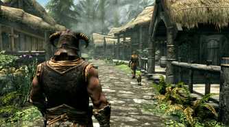 The Dragonborn walking through a village