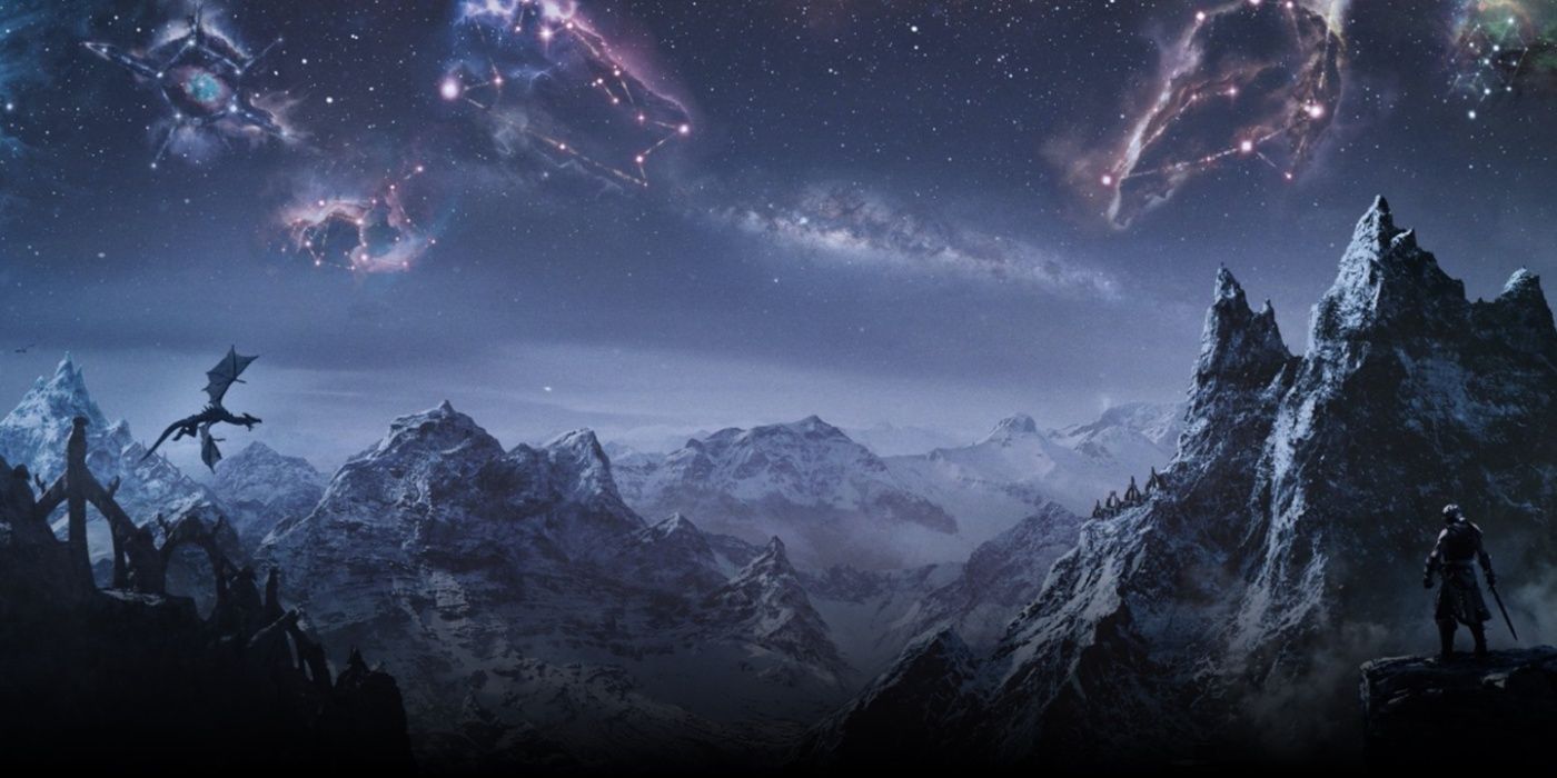 Key art for The Elder Scrolls V: Skyrim video game of mountain range at night with a star-filled sky, a man standing on a cliff and a dragon on the horizon.