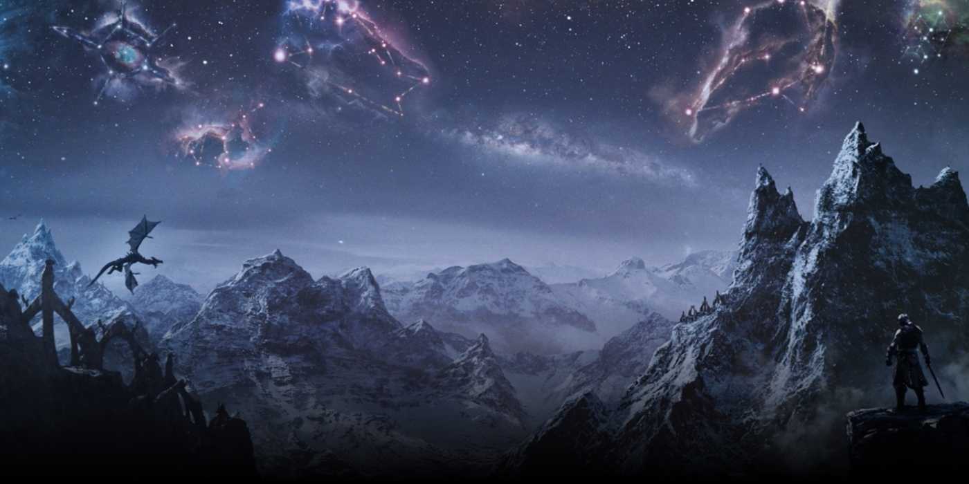 Key art for The Elder Scrolls V: Skyrim video game of mountain range at night with a star-filled sky, a man standing on a cliff and a dragon on the horizon.