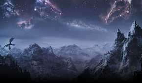 Key art for The Elder Scrolls V: Skyrim video game of mountain range at night with a star-filled sky, a man standing on a cliff and a dragon on the horizon.
