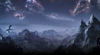 Key art for The Elder Scrolls V: Skyrim video game of mountain range at night with a star-filled sky, a man standing on a cliff and a dragon on the horizon.
