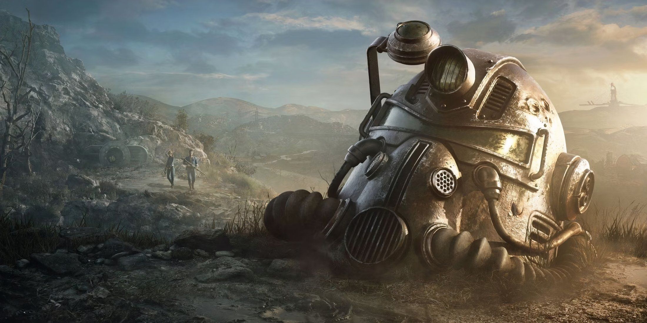 Power Armor helmet with the wasteland behind it