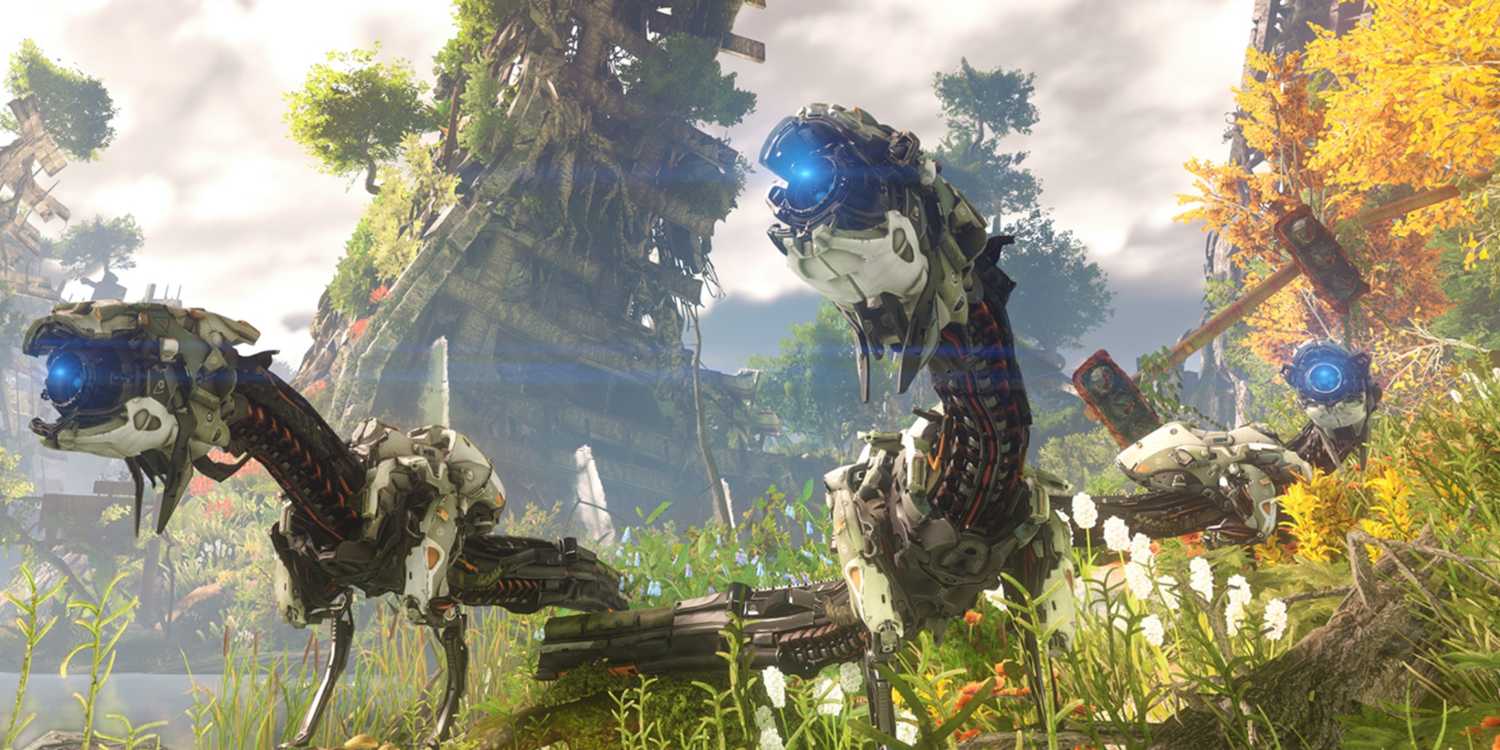 A screenshot of robot enemies from Horizon Zero Dawn