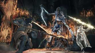 the character and an ally fighting a boss in Dark Souls