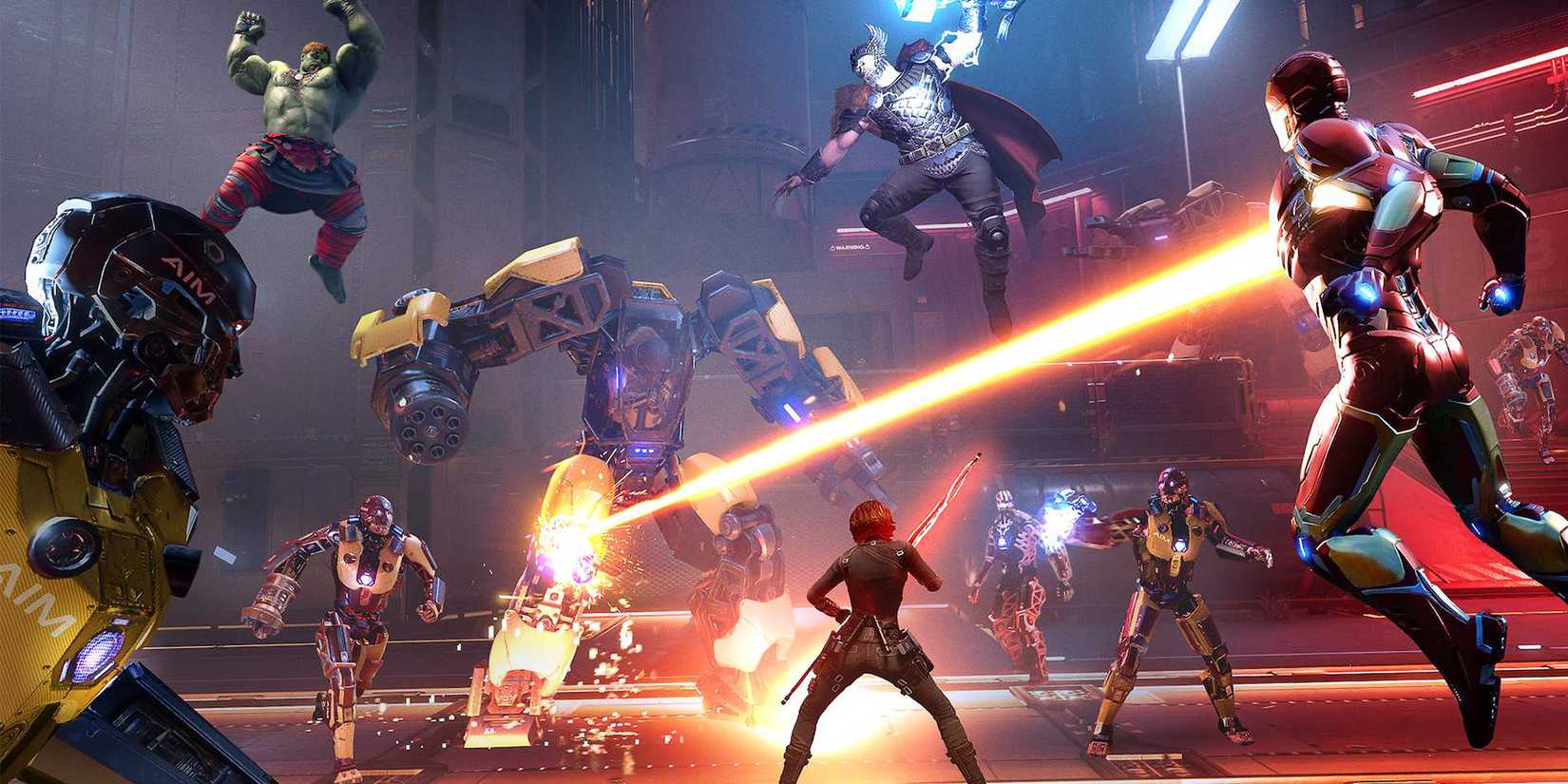 A shot of multiple heroes fighting enemies together in Marvel's Avengers