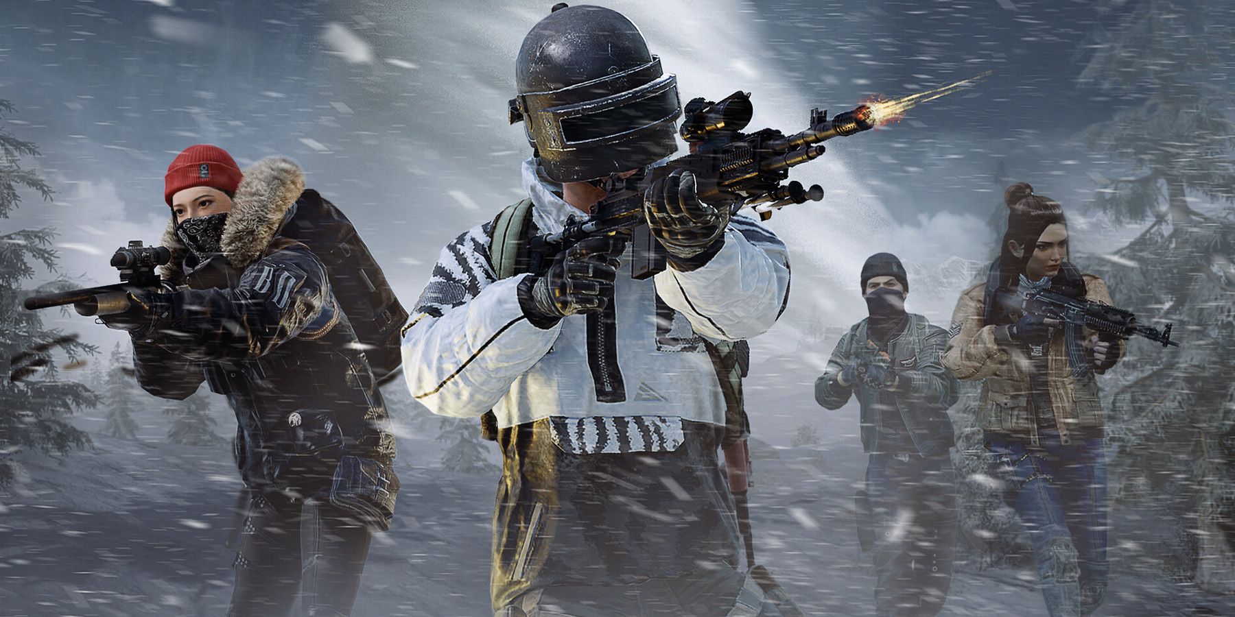 Key art image for video game PUBG: Battlegrounds of four armed characters firing rifles through snowy terrain and snowstorm.