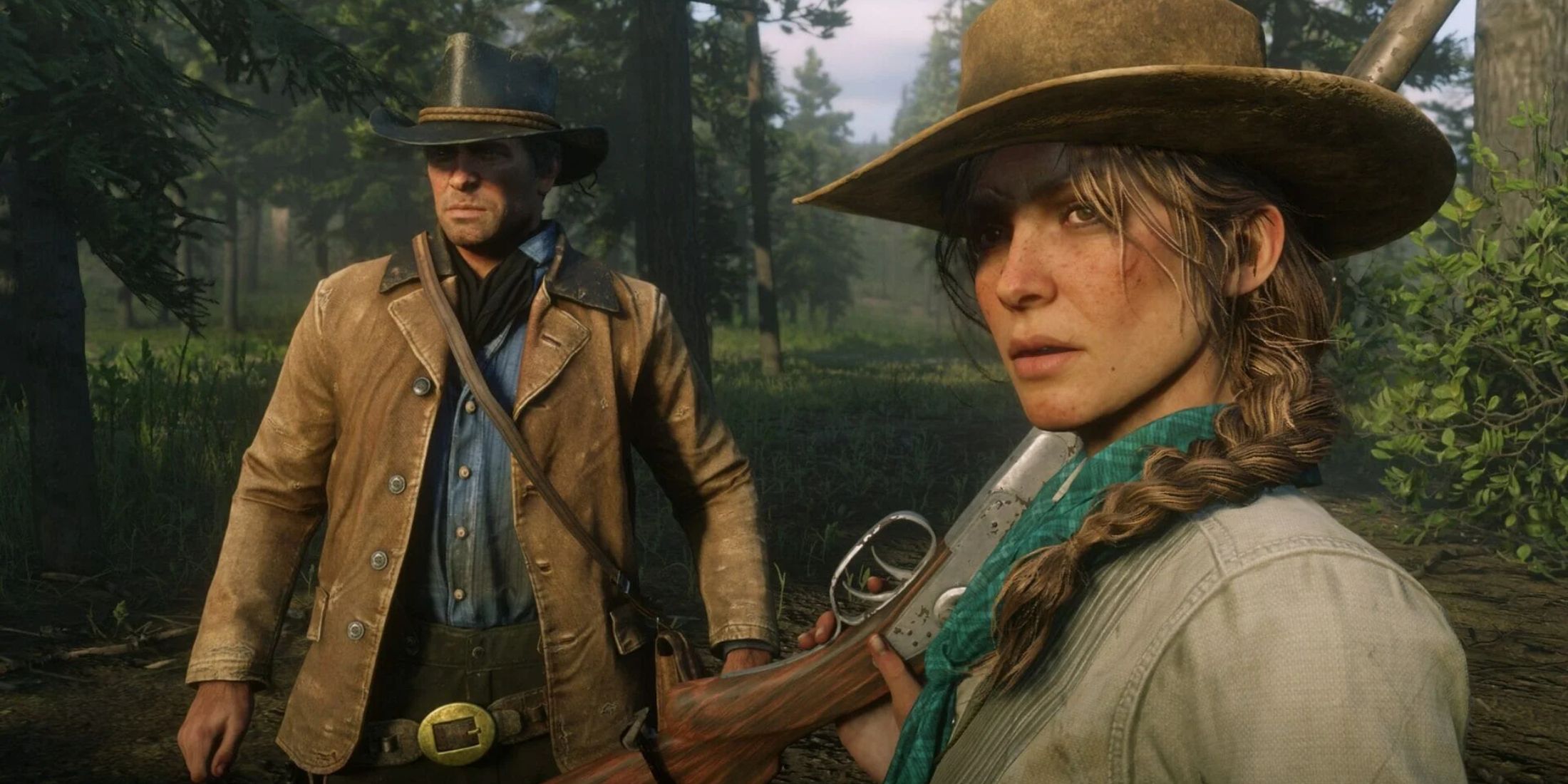 Arthur Morgan standing next top a woman with a rifle