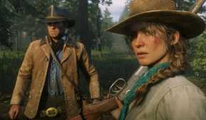 Arthur Morgan standing next top a woman with a rifle