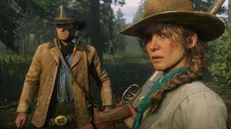 Arthur Morgan standing next top a woman with a rifle