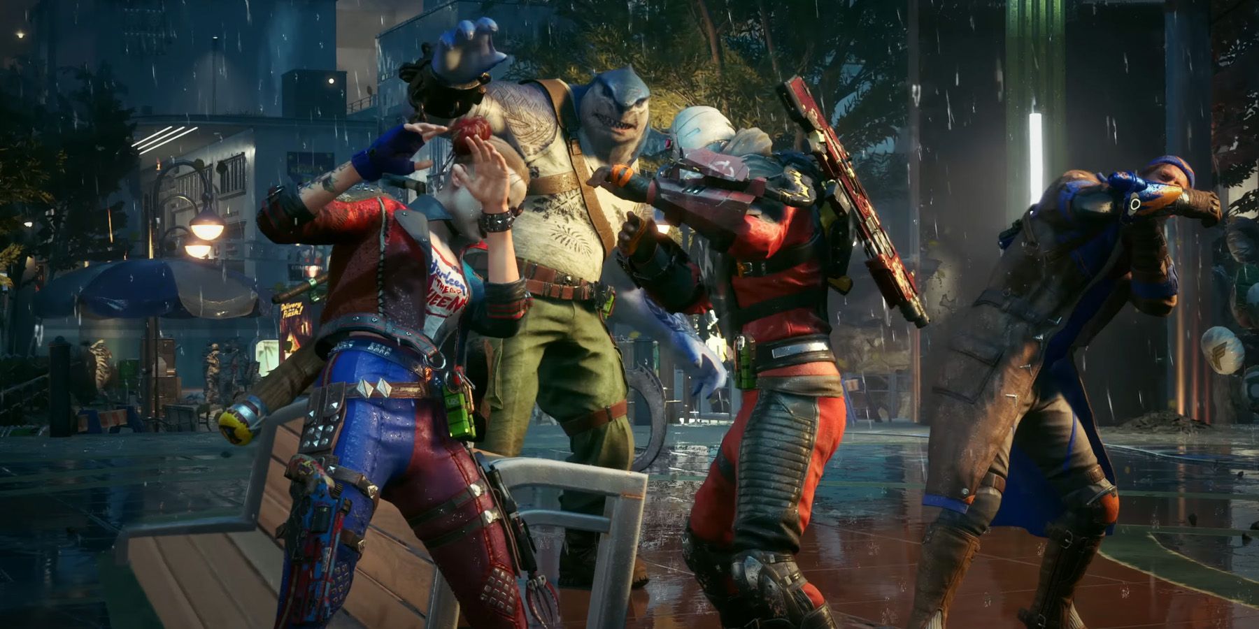 Suicide squad members cowering as superman enters